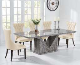 Milan 180cm Grey Marble Dining Table with 6 Cream Sophia Chairs