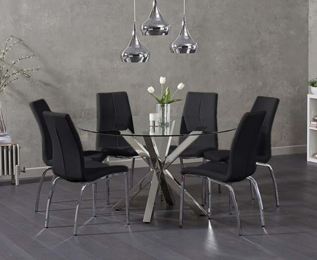 Rodin Round Glass Dining Table with 4 Black Marco Chairs