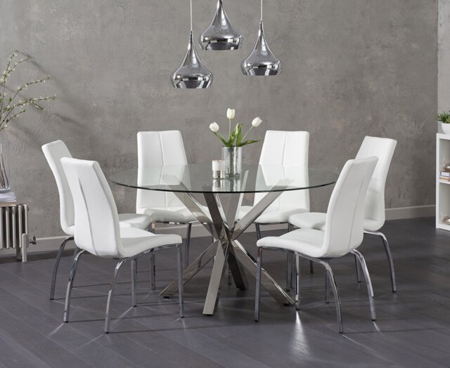 Rodin Round Glass Dining Table with 4 Black Marco Chairs