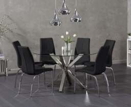 Rodin Round Glass Dining Table with 4 Black Marco Chairs