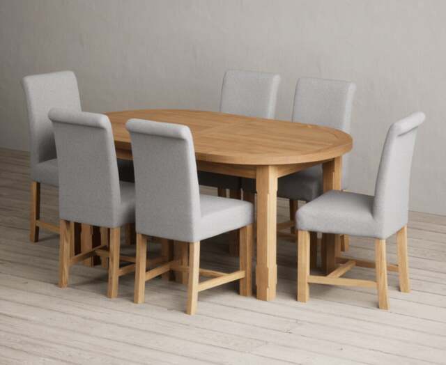 Extending Caversham Oak Oval Dining Table with 8 Grey Braced Chairs