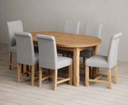 Extending Caversham Oak Oval Dining Table with 8 Grey Braced Chairs