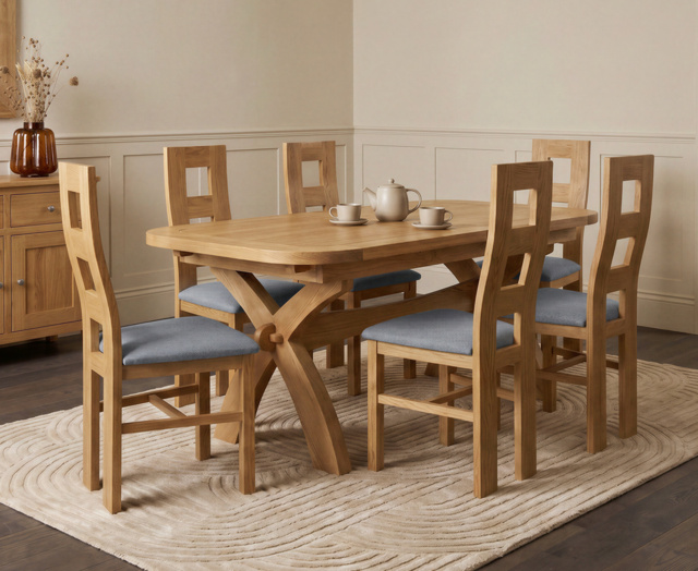 Extending Olympia 180cm Solid Oak Dining Table with 6 Blue Natural Chairs