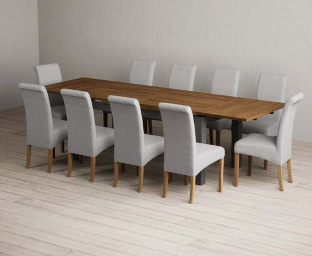 Extending Buxton 180cm Oak and Charcoal Grey Dining Table with 10 Grey Scroll Back Chairs
