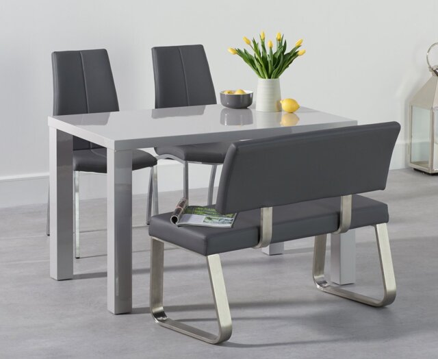 Seattle 120cm Light Grey High Gloss Dining Table with 2 Grey Marco Chairs with 1 Grey Bench