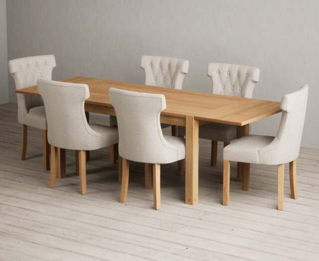 Thetford 150cm Oak Dining Table with Thetford 45cm Oak Extensions with 10 Natural Clara Chairs