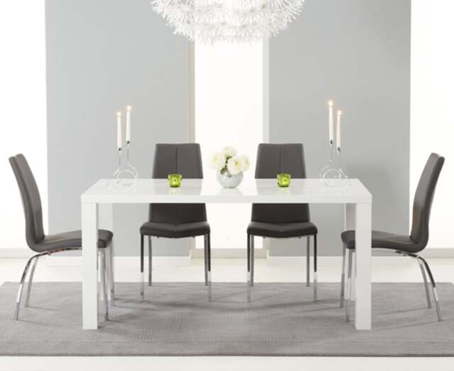 Seattle 160cm White High Gloss Dining Table with 4 Grey Marco Chairs