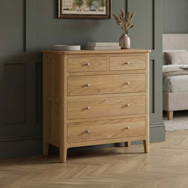 Solid Oak 2 Over 3 Chest of Drawers - 5 Drawer