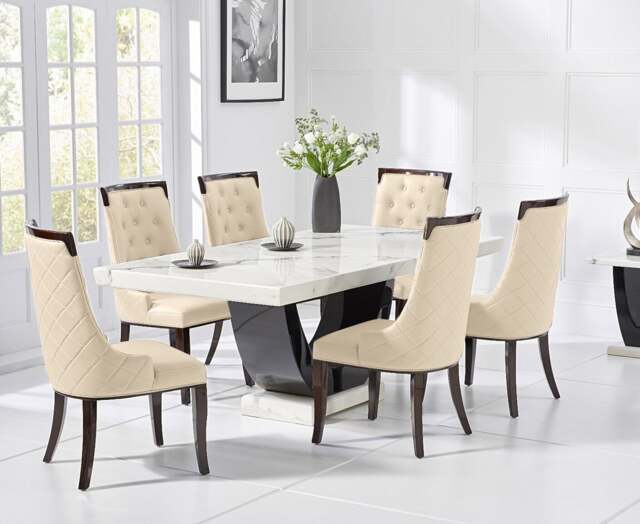 Novara 200cm White and Black Pedestal Marble Dining Table with 12 Cream Francesca Chairs