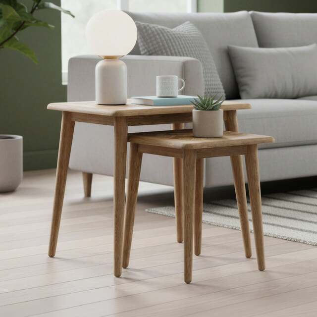 Solid Oak Nest of Tables - Herringbone Detail