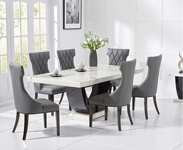 Novara 200cm White and Black Pedestal Marble Dining Table with 6 Cream Sophia Chairs