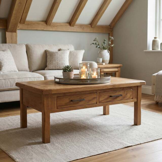 Rustic Solid Oak 4 Drawer Coffee Table - Dovetail Drawers