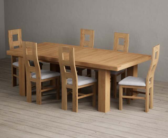 Extending Callington 230cm Oak Dining Table with 6 Light Grey Natural Chairs