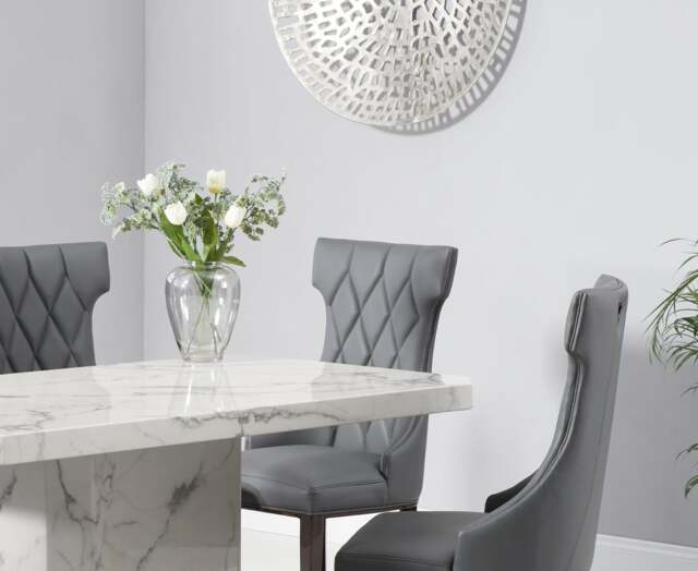 Belle 160cm White Marble Dining Table with 4 Grey Sophia Chairs