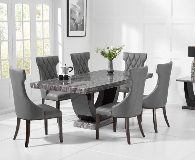 Novara 170cm Dark Grey Pedestal Marble Dining Table with 4 Cream Sophia Chairs