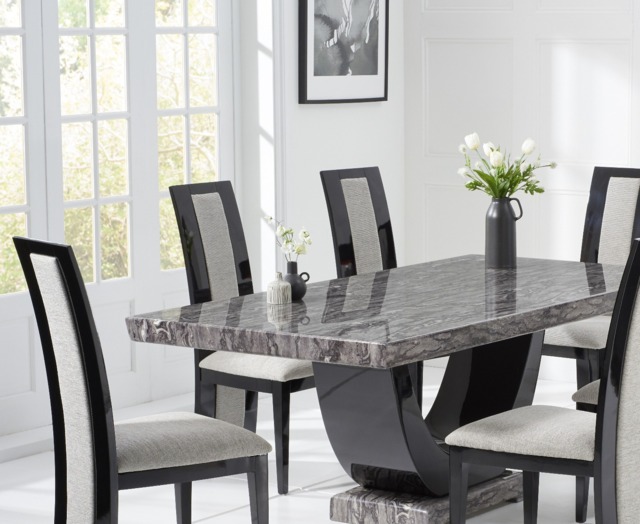 Novara 170cm Dark Grey Pedestal Marble Dining Table with 4 Black Novara Chairs
