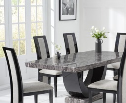 Novara 170cm Dark Grey Pedestal Marble Dining Table with 4 Black Novara Chairs