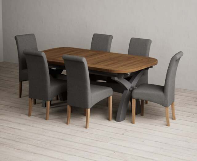 Extending Olympia 180cm Oak and Charcoal Grey Painted Dining Table with 6 Charcoal Grey Scroll Back Chairs