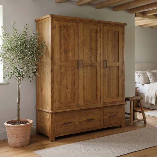 Rustic Solid Oak Triple Wardrobe - 3 Doors, 2 Drawers & Adjustable Shelves