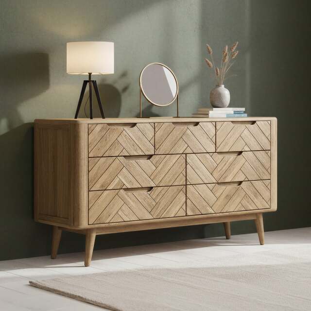 Solid Oak Wide Chest of Drawers - Herringbone Detail