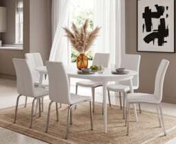 Extending Veneti White High Gloss Dining Table with 6 White Marco Chairs