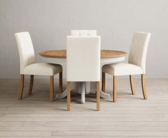 Extending Hertford 100cm - 130cm Oak and Soft White Painted Pedestal Dining Table with 4 Natural Isabella Chairs