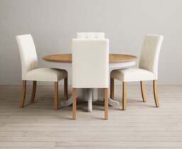 Extending Hertford 100cm - 130cm Oak and Soft White Painted Pedestal Dining Table with 4 Natural Isabella Chairs