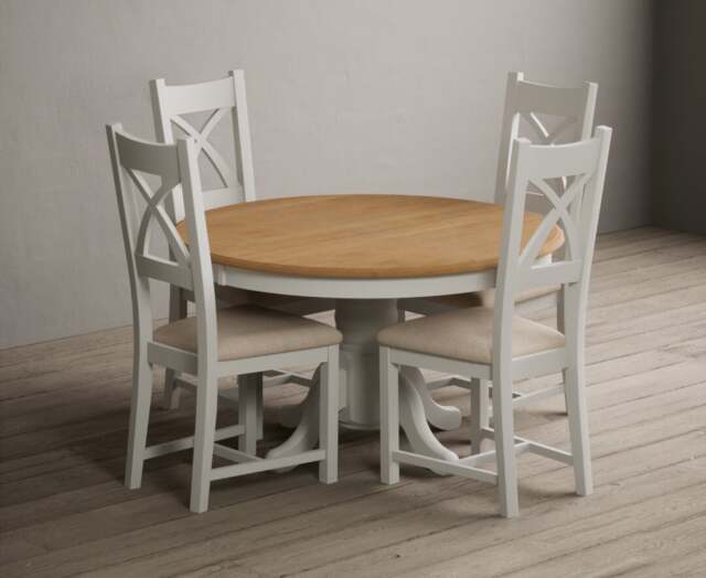 Hertford 120cm Fixed Top Oak and Signal White Painted Dining Table with 4 Linen Painted Chairs