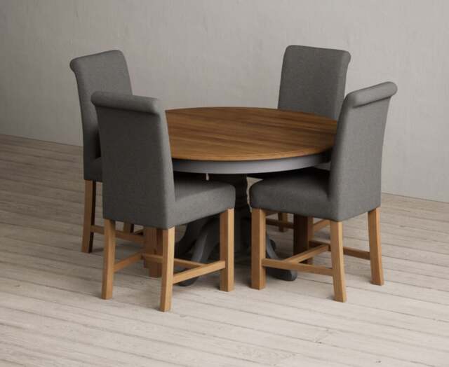 Hertford 120cm Fixed Top Oak and Charcoal Grey Painted Dining Table with 4 Charcoal Grey Braced Chairs