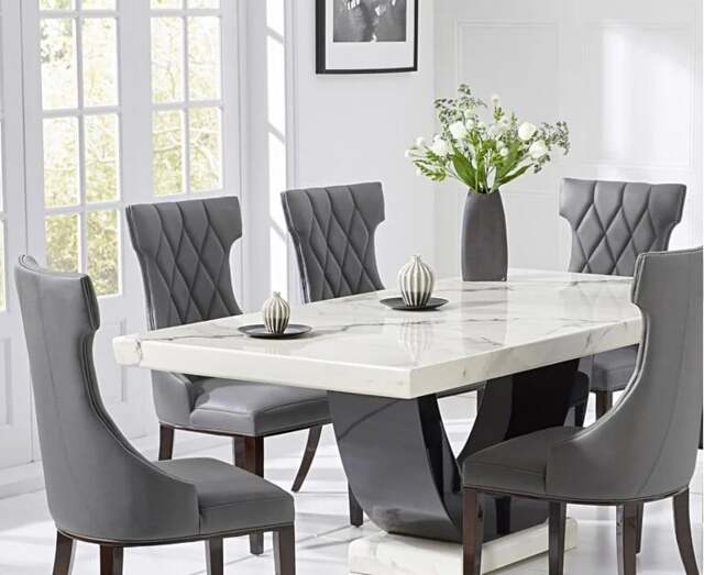Novara 200cm White and Black Pedestal Marble Dining Table with 12 Grey Sophia Chairs