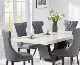 Novara 200cm White and Black Pedestal Marble Dining Table with 12 Grey Sophia Chairs