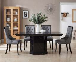 Carvelle 160cm Black Pedestal Marble Table with 4 Grey Francesca Chairs