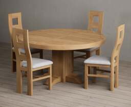 Helmsley 150cm Solid Oak Round Pedestal Dining Table with 4 Light Grey Natural Chairs
