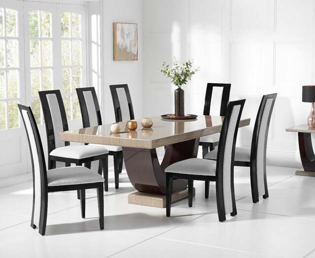 Novara 200cm Brown Pedestal Marble Dining Table with 12 Black Novara Chairs