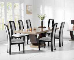 Novara 200cm Brown Pedestal Marble Dining Table with 12 Black Novara Chairs
