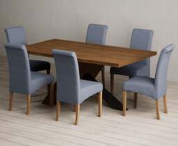 Michigan 180cm Black Leg Industrial Dining Table with 6 Blue Scroll Back Chairs