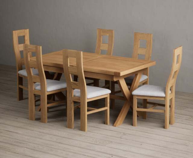 Extending Buckley 160cm Solid Oak Dining Table with 6 Light Grey Natural Chairs