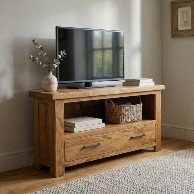 Rustic Solid Oak Corner TV Cabinet - Dovetail Drawer