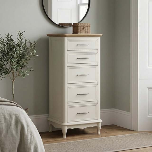 Chateau Oak and Soft White Painted 5 Drawer Tallboy