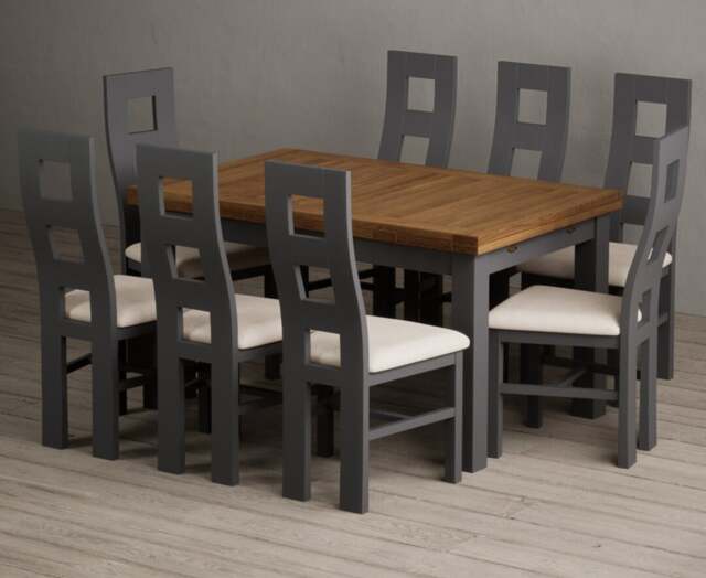 Extending Buxton 140cm Oak and Charcoal Grey Dining Table with 8 Linen Painted Chairs