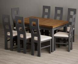 Extending Buxton 140cm Oak and Charcoal Grey Dining Table with 8 Linen Painted Chairs