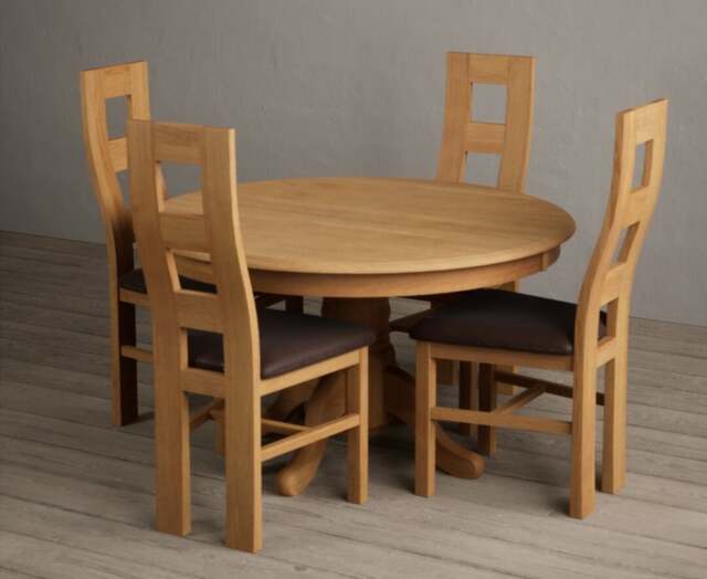 Hertford 120cm Fixed Top Solid Oak Dining Table with 6 Brown Natural Chairs
