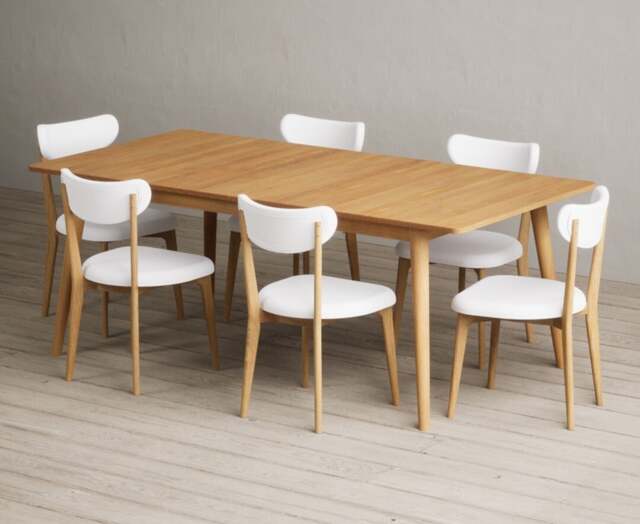 Extending Ruben 200cm Retro Oak Dining Table with 6 White Nordic Chairs