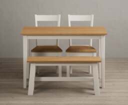 Kendal 115cm Solid Oak and Cream Painted Dining Table with 4 Linen Kendal Chairs and 1 Cream Bench