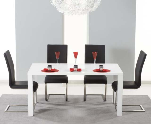 Seattle 160cm White High Gloss Dining Table with 4 Black Austin Chairs
