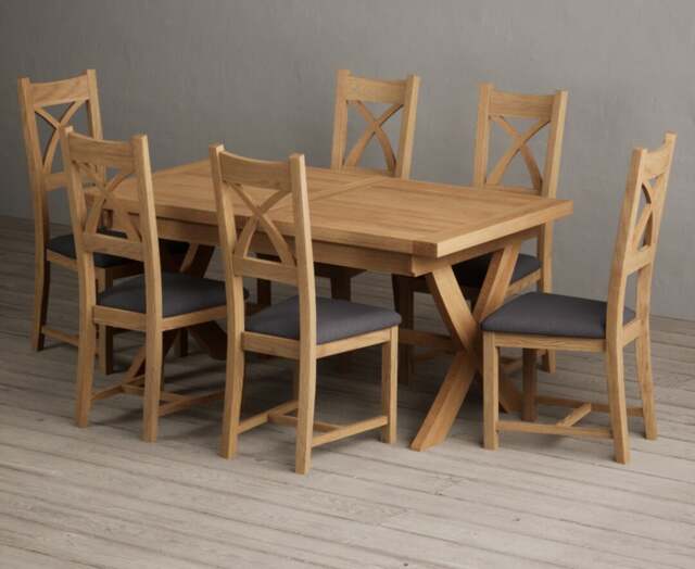 Extending Buckley 160cm Solid Oak Dining Table with 6 Charcoal Grey Natural Solid Oak Chairs