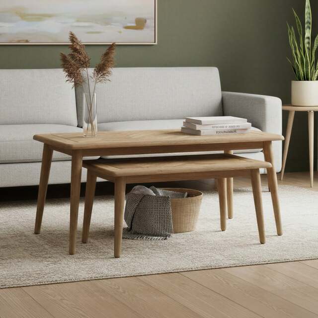 Solid Oak Nesting Coffee Tables - Herringbone Detail