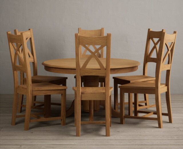 Hertford 120cm Fixed Top Solid Oak Dining Table with 6 Light Grey Natural Solid Oak Chairs