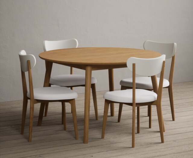 Nordic 120cm Round Solid Oak Dining Table with 4 White Nordic Chairs