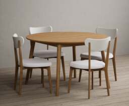 Nordic 120cm Round Solid Oak Dining Table with 4 White Nordic Chairs